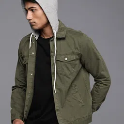 WROGN Men Olive Green Solid Denim Jacket with Detachable Hood image 2