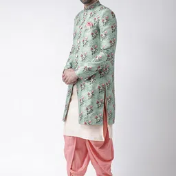 KISAH Men Sea Green & Peach Printed Bhagalpuri Silk Sherwani With Dhoti image 2