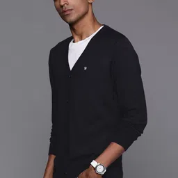 Louis Philippe Men Navy Blue Solid Cardigan image 3