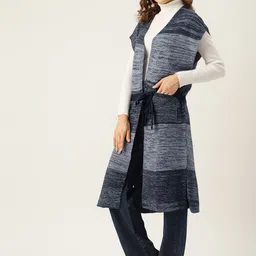 American Eye Acrylic Colourblocked Open Front Longline Sweater with Belt image 2