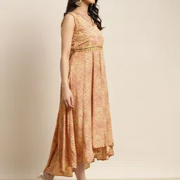 Shae by SASSAFRAS Mustard Yellow & Brown Lehariya High Low Crepe Anarkali Maxi Dress image 3