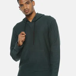 Campus Sutra Men Green Self-Striped Hooded Sweatshirt image 3