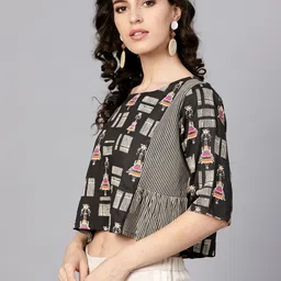 Varanga Women Black & Off-White Printed Styled Back Crop Top image 4