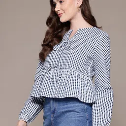 Nautica Checked Puff Sleeve Cotton Top-picture-49