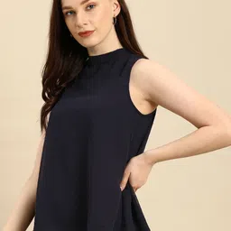 all about you Navy Blue Self Design Mandarin Collar A-Line Top image 3