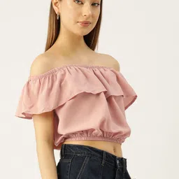 Rue Collection Solid Off-Shoulder Flared Sleeve Crepe Bardot Crop Top image 2