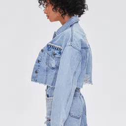 FOREVER 21 Women Blue Crop Denim Jacket with Embroidered image 3