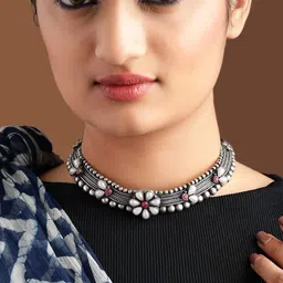 Rubans Oxidised Silver Plated Floral Design Pink Stone Studded Antique Choker Necklace-picture-34