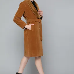 Chemistry Women Brown Solid Open Front Faux Fur Collared Longline Overcoat image 3