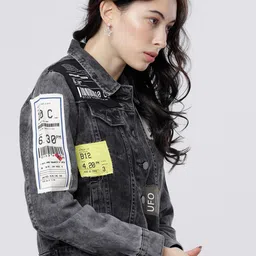 Tokyo Talkies Women Grey Solid Denim Jacket image 3