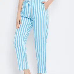 Hypernation Women Turquoise Blue & White Striped Lounge Pants image 2