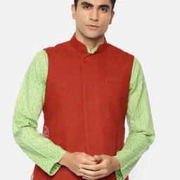 Ethnix by Raymond Men Rust Red Solid Pure Cotton Nehru Jacket image 3