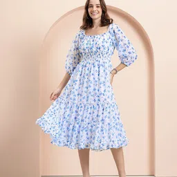 Mast & Harbour Floral Printed Puff Sleeves Smocked Tiered Fit and Flare Midi Dress image 5
