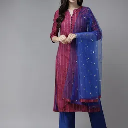 PANIT Women Burgundy & Blue Striped Sequinned Kurta with Trousers & With Dupatta image 1