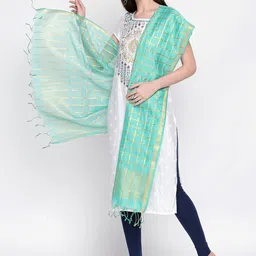Dupatta Bazaar Women Sea Green & Gold-Toned Checked Dupatta image 2