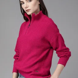 Roadster Women Pink Self Design Sweater image 3