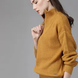 Roadster Women Mustard Yellow Self Design Sweater image 3