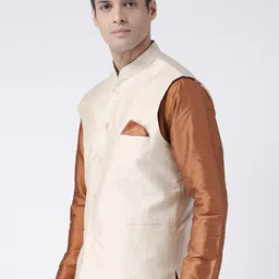 DEYANN Men Cream-Coloured Jacquard Nehru Jacket image 5