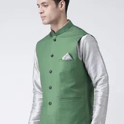 DEYANN Men Green Solid Pure Cotton Nehru Jacket image 5