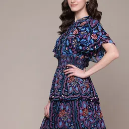 Label Ritu Kumar Ethnic Motifs Print Tie-Up Neck Flutter Sleeves Layered Georgette Dress image 3