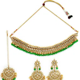 Shining Diva Gold-Plated & Green Kundan Studded Beaded Jewellery Set image 4