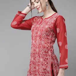 ADA Red & White Ethnic Motifs Embroidered Chikankari Handloom Kurti image 5