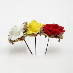 Moedbuille Red Yellow and White Floral Design Beaded and Lace Handcrafted Bun Pin image 3