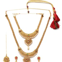 Shining Diva Gold-Plated Off-White & Red Stone Studded Pearl Embellished Antique Jewellery Set image 3