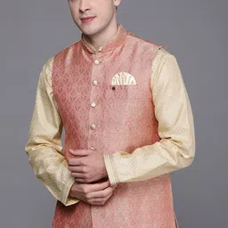 Manyavar Pink & Beige Art Silk Jacquard Woven Design Nehru Jacket image 5