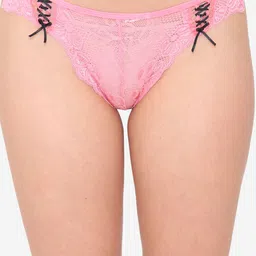 N-Gal Women Pink Solid Sheer Lace Adjustable Waist Seamless Thongs NTDT10 image 2