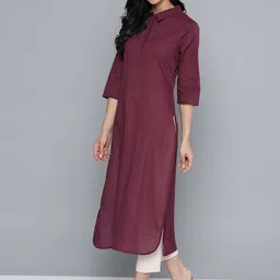 HERE&NOW Women Burgundy Cotton Solid Pathani Kurta-picture-20
