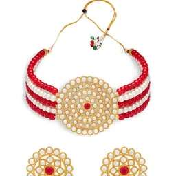 Sukkhi Gold-Plated Red & White Pearl-Studded Beaded Sustainable Jewellery Set image 4