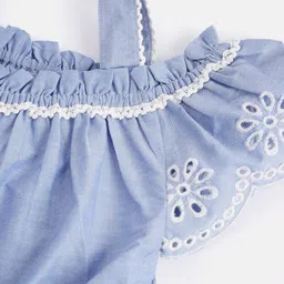 Cherry Crumble Girls Blue & White Schiffli Embroidered A-Line Cotton Top image 3
