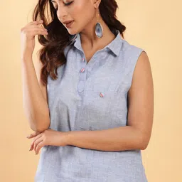 BohoJazz Denim Sleeveless Collared Top Linen with Tailored Shorts Co-ord Set image 3