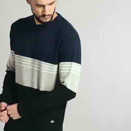 Roadster Men Navy Blue & Grey Colourblocked Pullover image 2