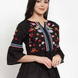 Miaz Lifestyle Black Floral Embroidered Bell Sleeves Peplum Top image 2