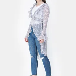 Cation Women Off-White & Blue Printed Button Shrug image 5