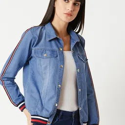 Miss Chase Women Blue Striped Denim Jacket-picture-13