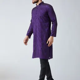 SOJANYA Men Purple & Black Self Design Kurta with Churidar image 4