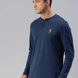 U.S. Polo Assn. Men Navy Blue Solid Pure Cotton Henley Neck Lounge T-shirt image 3