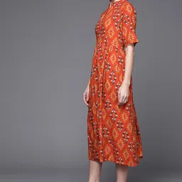 Biba Rust & Mustard Yellow Ethnic Motifs Formal Midi Dress image 4