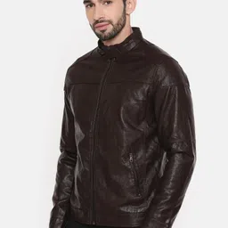 The Indian Garage Co Men Coffee Brown Solid Leather Jacket image 3