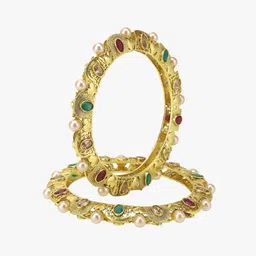 Adwitiya Collection Set of 2 24 CT Gold-Plated Red & White Stone-Studded & Pear Beaded Handcrafted Bangles image 3