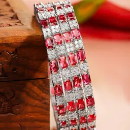 Rubans Set of 4 Rhodium-Plated Ruby Pink & White Cubic Zirconia Studded Bangles image 3