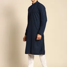 RAJUBHAI HARGOVINDAS Men Navy Blue Cotton Embroidered Chikankari Kurta image 5
