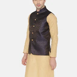 Wintage Men Navy Blue & Beige Printed Nehru Jacket image 4