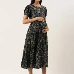 Nejo Floral Printed Puff Sleeve Maternity A-Line Midi Dress image 3