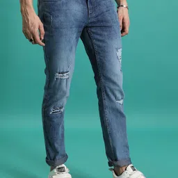 HIGHLANDER Men Straight Fit Mid-Rise Heavy Fade Mildly Distressed Stretchable Jeans image 4