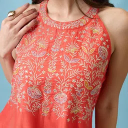 Globus Floral Embroidered Yoke Halter Neck A-Line Kurta With Straight Pants Festive Set image 4