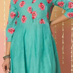 Indo Era Floral Printed Pure Cotton Anarkali Kurta With Trousers & Dupatta image 3